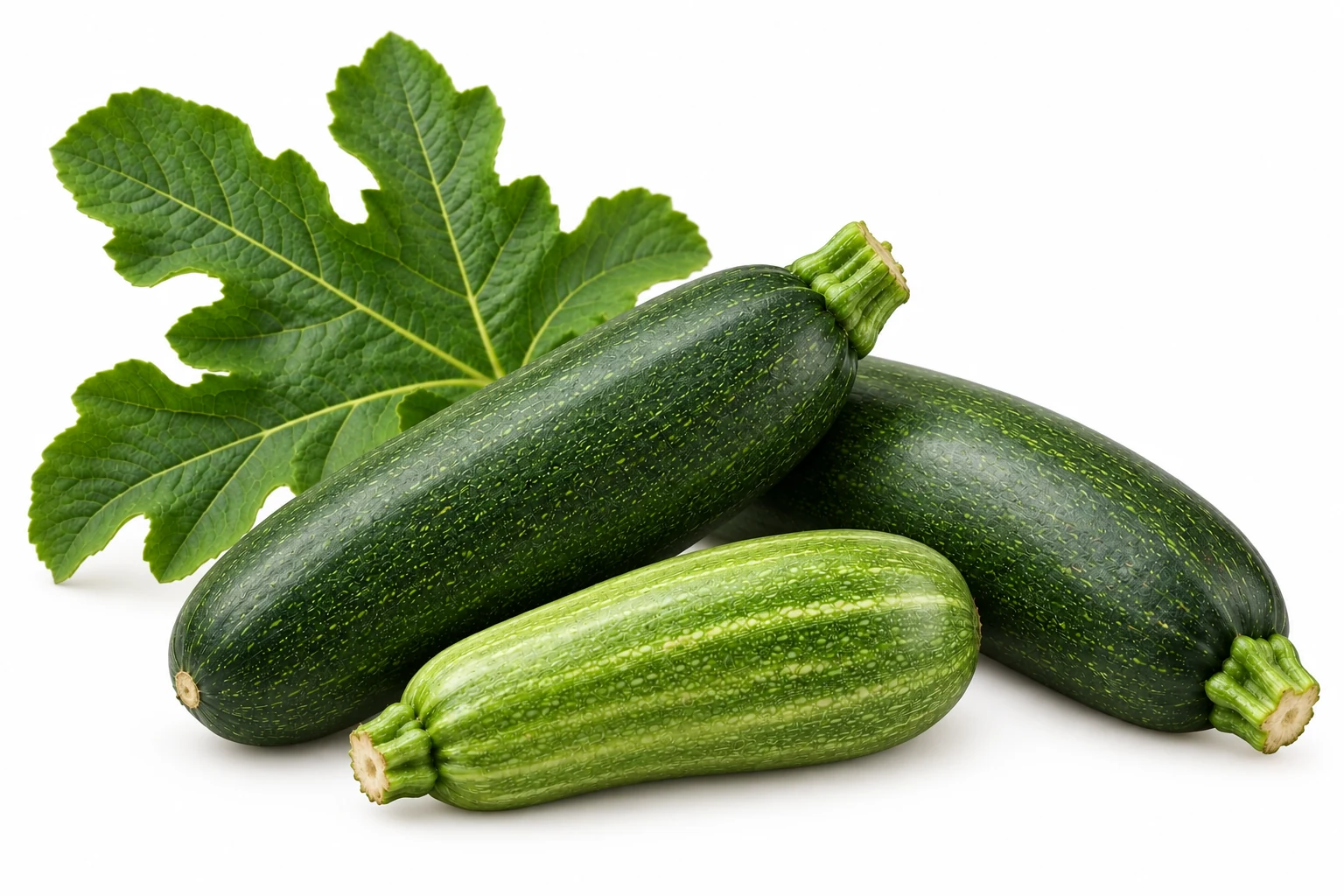 Drei frisch geerntete Zucchini mit einem grünen Blatt